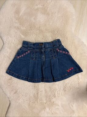 Girls' Dark Blue Denim Skirt with Pink Embroidery - Size 3T-4T